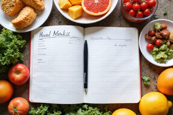 Stolik z kolorowymi, zdrowymi posiłkami i otwartym zeszytem z planem diety